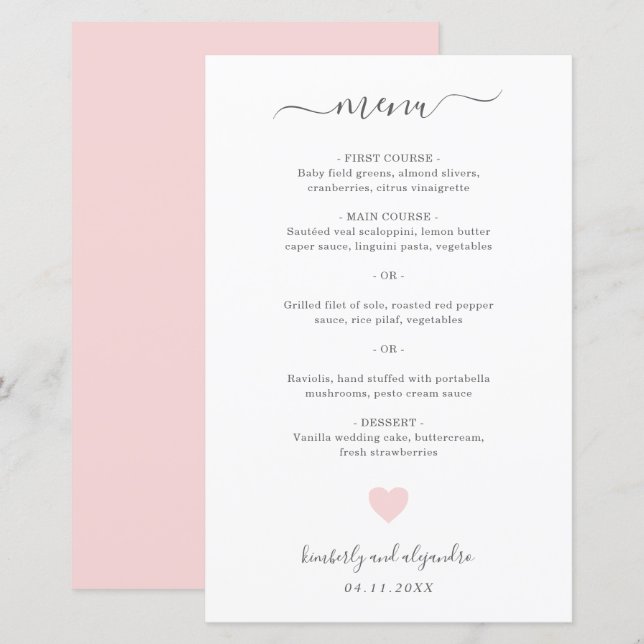 Cute Pink Heart Simple Wedding Menu (Front/Back)