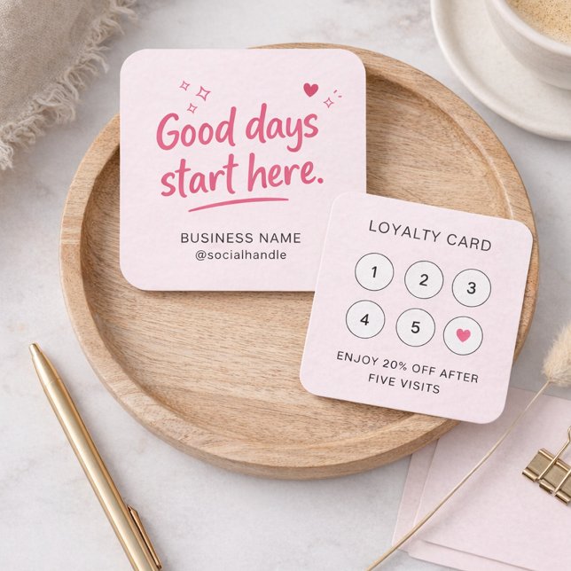 Cute Pink Heart Sparkle Script Good Days QR Code Square Business Card (Creator Uploaded)