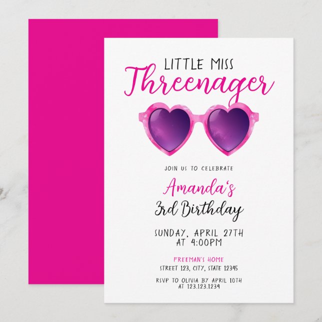 Cute Pink Heart Sunglasses Kids 3rd Birthday Invitation (Front/Back)