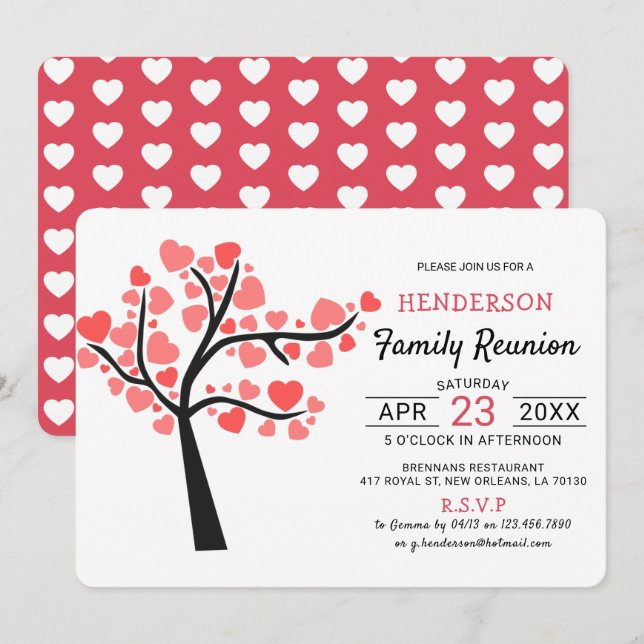 Cute Pink Heart Tree | Family Reunion Invitation (Front/Back)