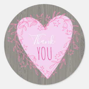 Cute Pink Heart With Doodle Frame on Wood Thank Yo Classic Round Sticker