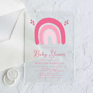 Cute Pink Hearts and Rainbows Baby Shower Acrylic Invitations