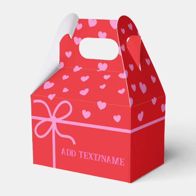 Cute Pink Hearts And Ribbon Custom Red Favor Box (Front Side)