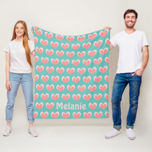 Cute Pink Hearts and Teal Pattern Personalised Fleece Blanket
