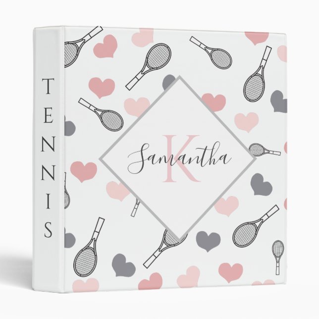 Cute Pink Hearts and Tennis Rackets Pattern Sports Binder (Front/Spine)