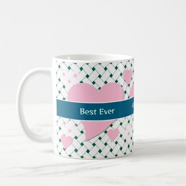 Cute Pink Hearts, Blue Green Best Ever Mother Fun Coffee Mug (Left)