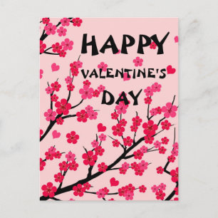 cute pink hearts cherry blossom  postcard