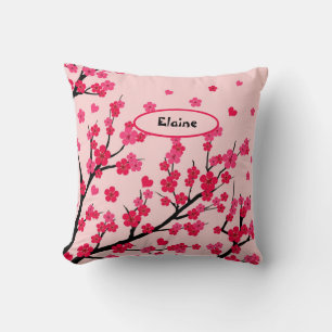cute pink hearts cherry blossom throw pillow