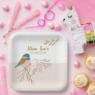 Cute Pink Hearts Chickadee Bird Floral Print Paper Plate