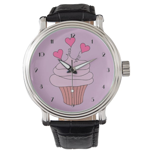 Cute Pink Hearts Cupcake Wrist Watch (Front)
