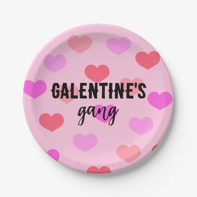 Cute Pink Hearts Galentines Day Custom Paper Plate (Front)