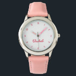 Cute Pink Hearts Girls Custom Name Girly Chic Kids Watch<br><div class="desc">Custom, personalized, kids girls fun cool pretty chic girly pink glitter strap, stainless steel case, wrist watch. Simply type in the name, to customize. Go ahead create a wonderful, custom watch for the lil princess in your life - daughter, sister, niece, grandaughter, goddaughter, stepdaughter. Makes a great custom gift for...</div>