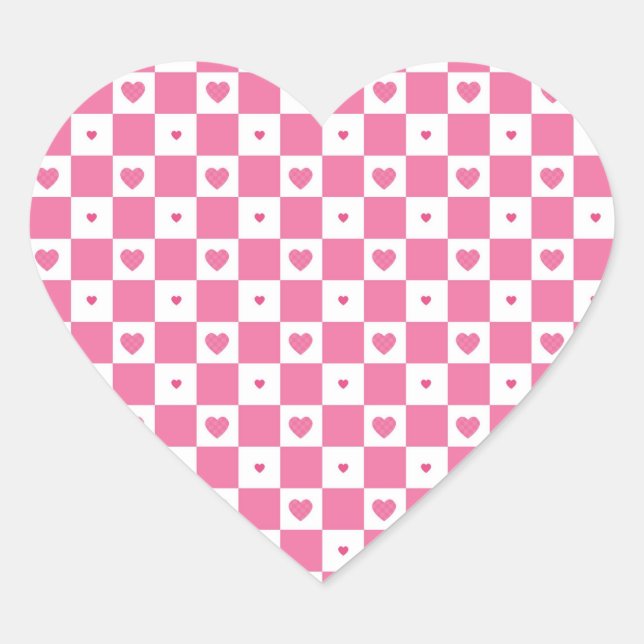 Cute Pink Hearts Girly Pink White Chequered Patter Heart Sticker (Front)