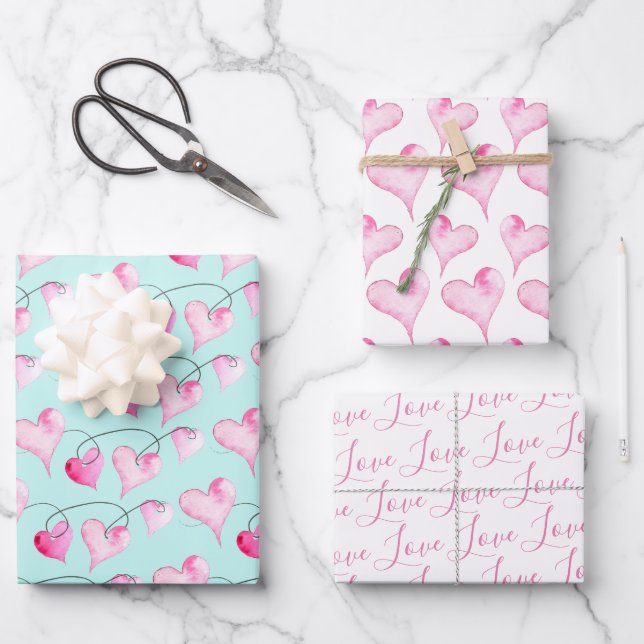 Cute Pink Hearts & Love Pattern Watercolor Wrapping Paper Sheet (Front)
