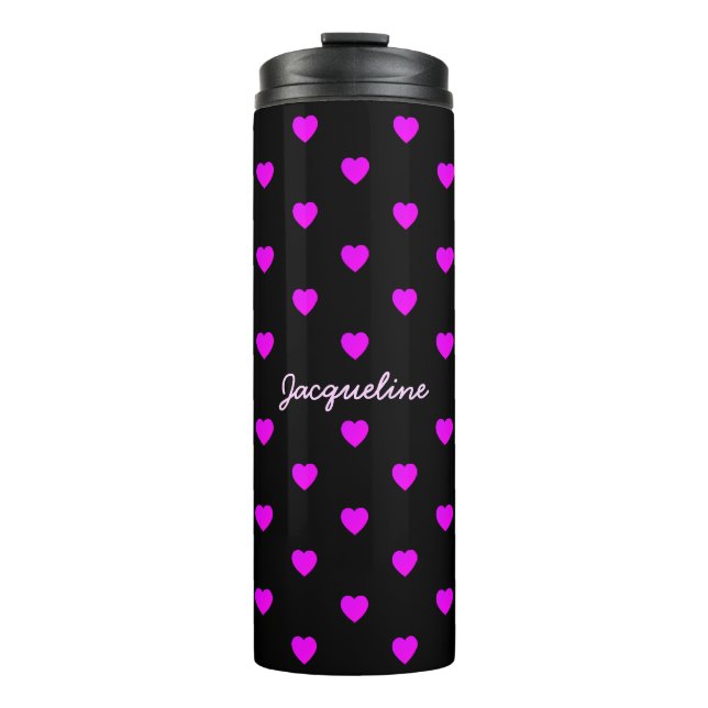 Cute Pink Hearts on BLACK Thermal Tumbler (Front)