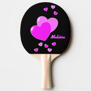 Cute Pink Hearts On Black/ White, Custom Name Kids Ping Pong Paddle