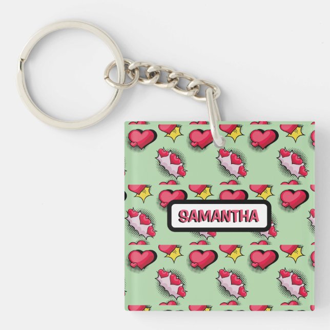 Cute pink hearts personalized name  keychain (Front)