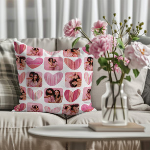 Cute Pink Hearts & Photo Collage Pattern  Throw Pillow