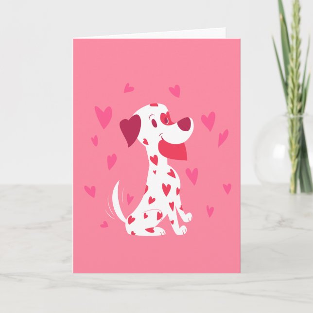 Cute Pink Hearts Valentine Dalmatian Holiday Card (Front)