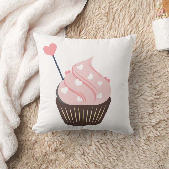 Cute Pink Hearts Valentines Cupcake Throw Pillow (Blanket)
