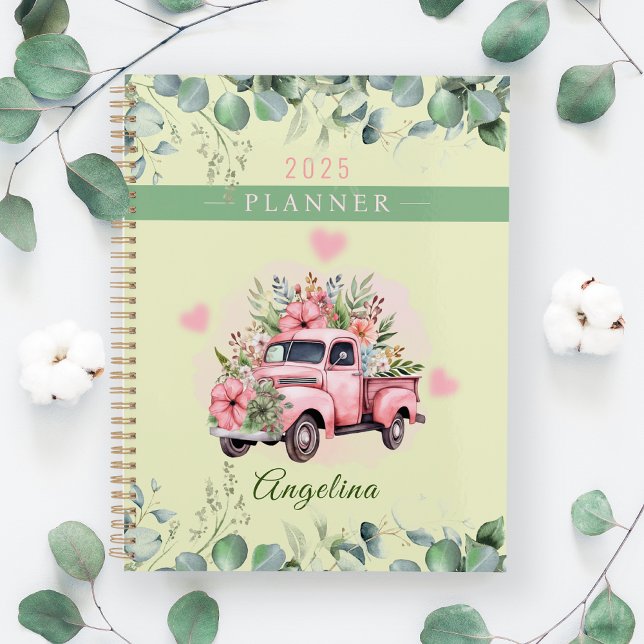 Cute Pink Hearts Vintage Flower Truck Personalize Planner (Creator Uploaded)