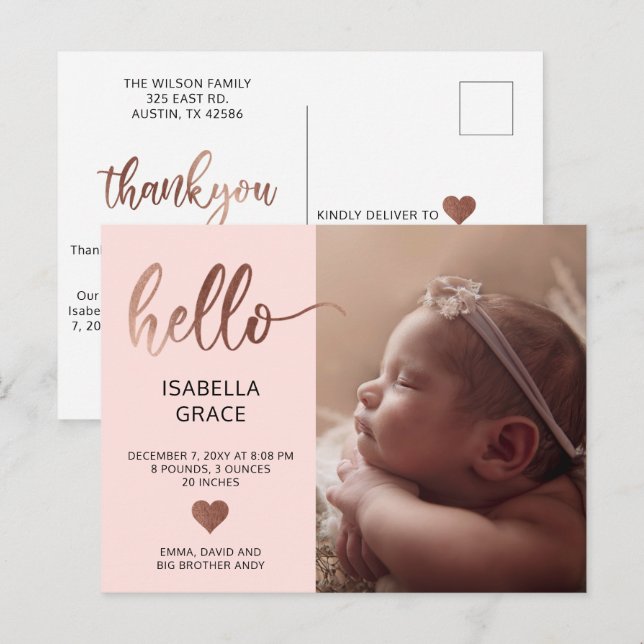Cute Pink Hello Photo Baby Announcement Postcard (Front/Back)