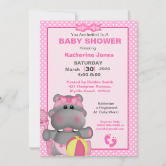 Cute Pink Hippo Baby Shower  Invitation