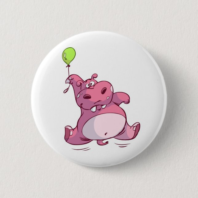 CUTE PINK HIPPO ON BALLOON 2 INCH ROUND BUTTON (Front)