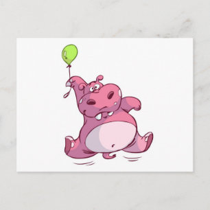 CUTE PINK HIPPO ON BALLOON POSTCARD