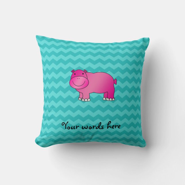 Cute pink hippo turquoise chevrons throw pillow (Front)