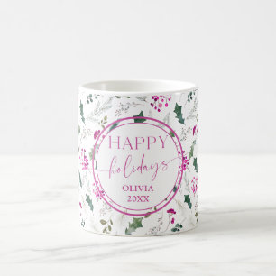 Cute Pink Holly Berries Name Holiday Mug