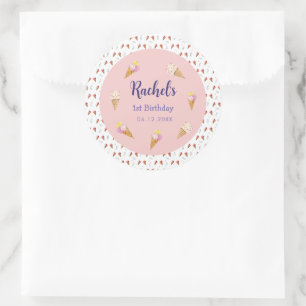 Cute Pink Ice cream Cone Girl Birthday Classic Round Sticker