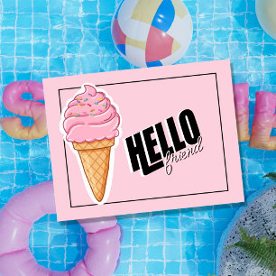Cute Pink Ice Cream Cone Typography Hello Friend Holiday Postcard