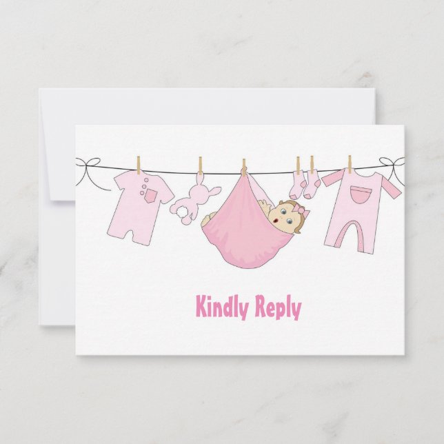 Cute Pink Illustration Baby Shower RSVP Card (Front)