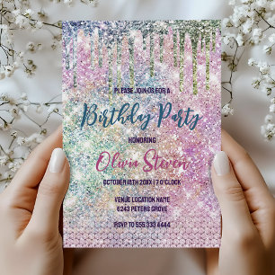 Cute pink iridescent unicorn faux glitter monogram invitation