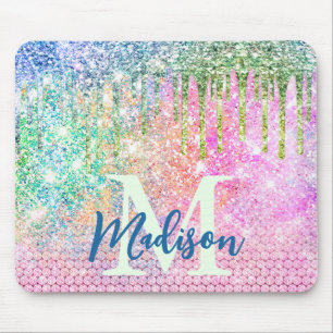 Cute pink iridescent unicorn faux glitter monogram mouse pad