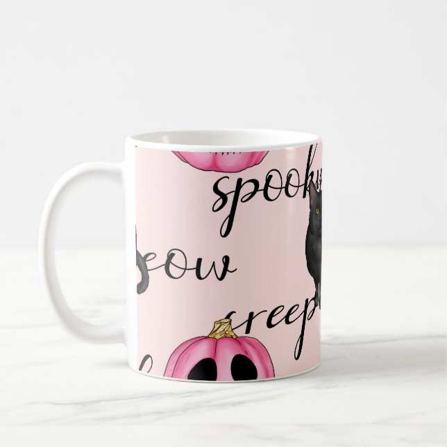 Cute Pink Jack-o'-Lantern and Black Cat Pattern Coffee Mug (Left)
