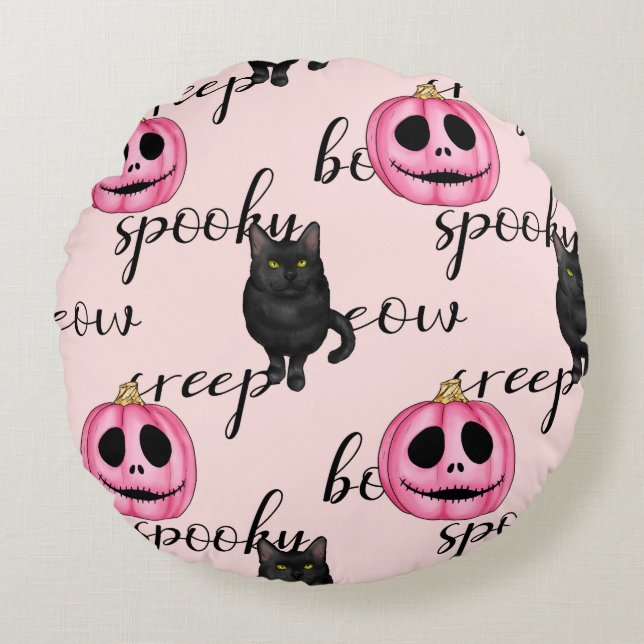 Cute Pink Jack-o'-Lantern and Black Cat Pattern Round Pillow (Front)