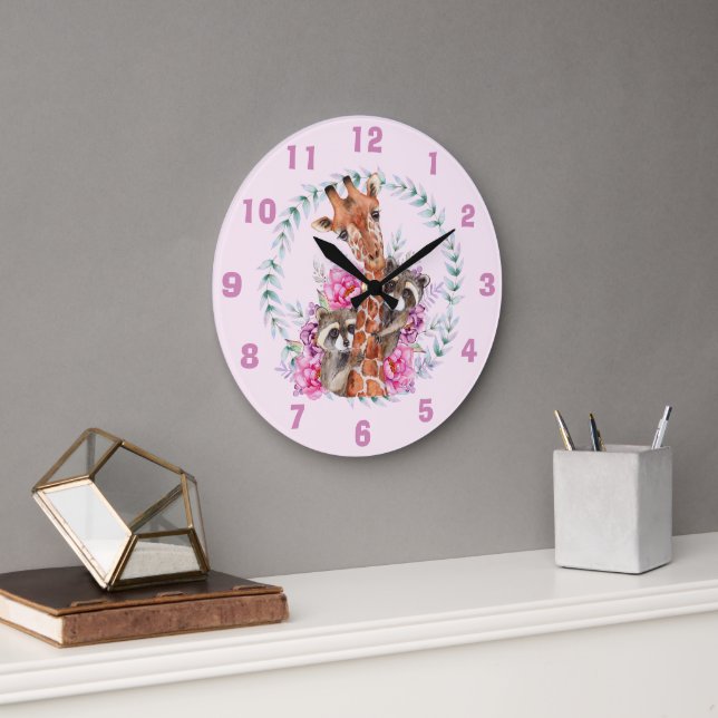 Cute Pink Jungle Safari Giraffe Kids Room Large Clock (Office)