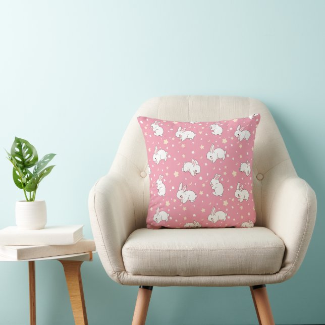 Cute Pink Kawaii Bunny Doodle Throw Pillow (Chair)