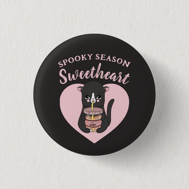 Cute Pink Kawaii Cat Spooky Season Sweetheart 1 Inch Round Button (Front)