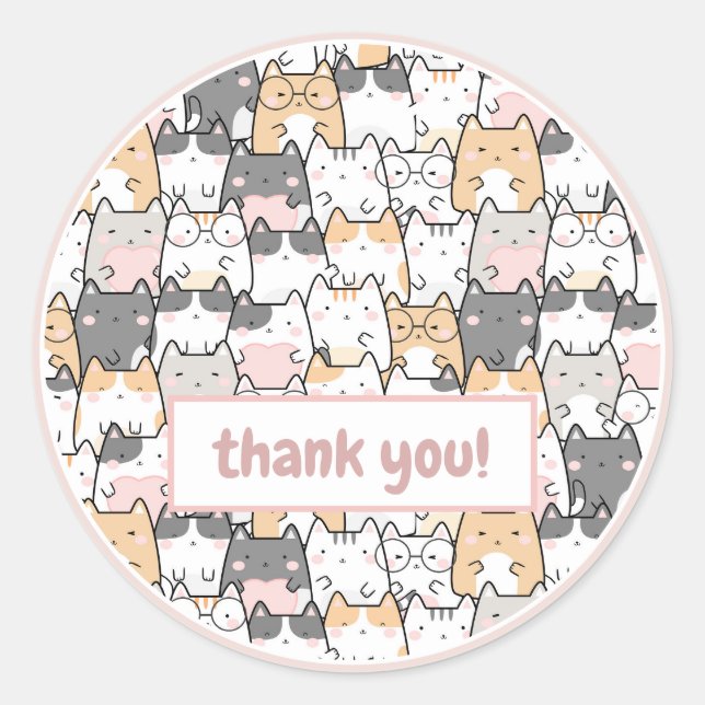 Cute Pink Kawaii Cats Kittens Pattern Thank You Classic Round Sticker (Front)