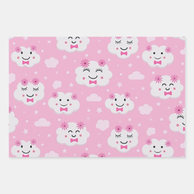 Cute pink kawaii clouds pattern  wrapping paper sheet (Front)