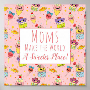 Cute Pink Kawaii Cupcake Pattern Mother's Day Poster