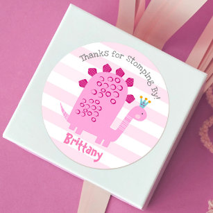 Cute Pink Kawaii Dinosaur Girl Birthday Thank You Classic Round Sticker