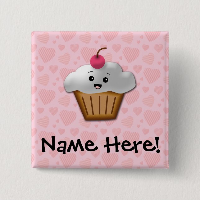 Cute Pink Kawaii Happy Face Cupcake Girls 2 Inch Square Button (Front)