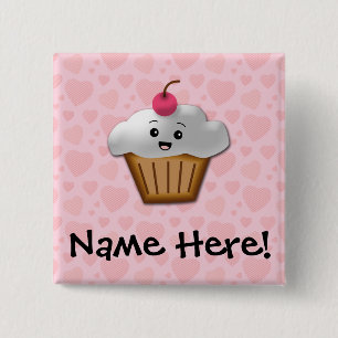 Cute Pink Kawaii Happy Face Cupcake Girls 2 Inch Square Button