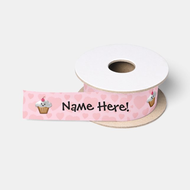 Cute Pink Kawaii Happy Face Cupcake Girls Satin Ribbon (Spool)