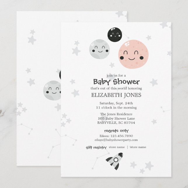 Cute Pink Kawaii Planet and Moons Baby Shower Invitation (Front/Back)