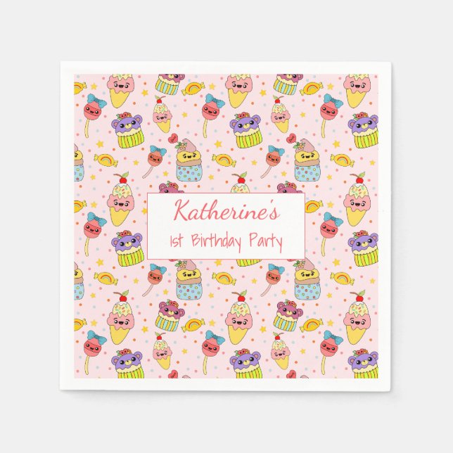 Cute Pink Kawaii Sweets Happy 1st Birthday Party Napkin (Front)